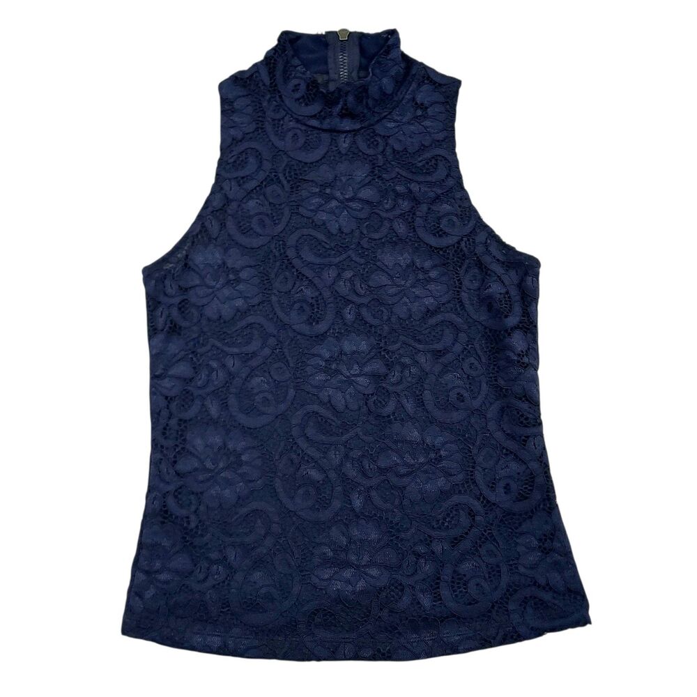 Greyson Navy Blue Lace Sleeveless Mock Neck Top